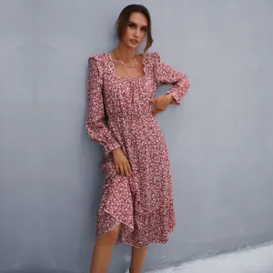 IKEARLAX  autumn   dress floral square neck long-sleeved chiffon ruffle edge medium and long floral skirt