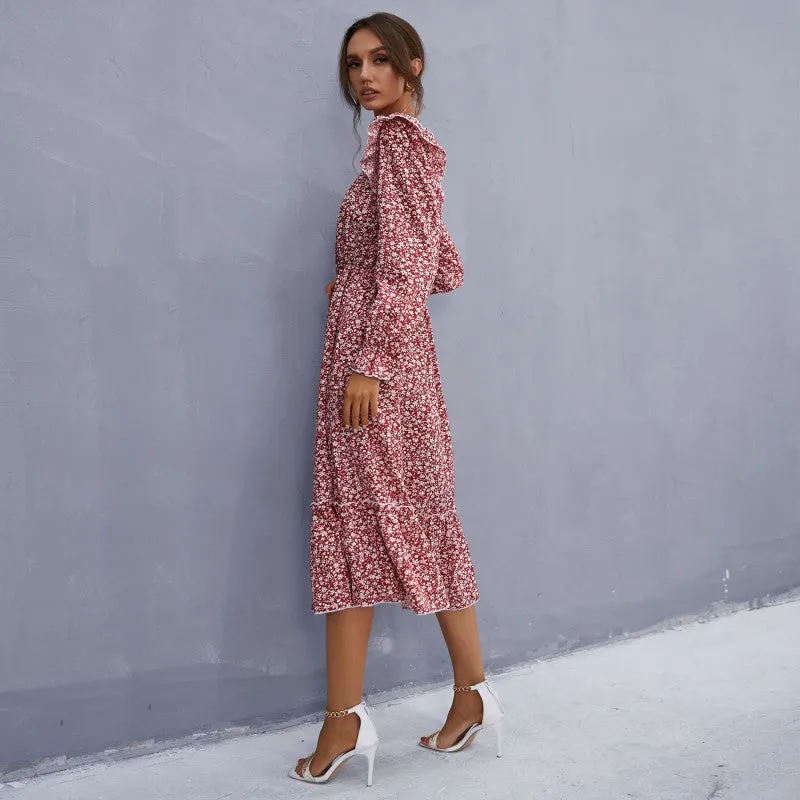 IKEARLAX  autumn   dress floral square neck long-sleeved chiffon ruffle edge medium and long floral skirt