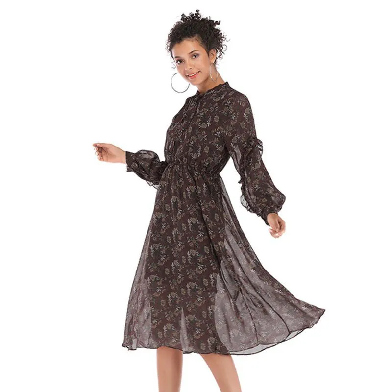 IKEARLAX  autumn  women's clothing fashion temperament small floral chiffon dress  medium and long long-sleeved pendulum skirt