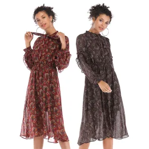 IKEARLAX  autumn  women's clothing fashion temperament small floral chiffon dress  medium and long long-sleeved pendulum skirt