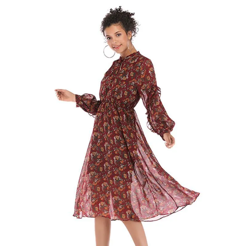 IKEARLAX  autumn  women's clothing fashion temperament small floral chiffon dress  medium and long long-sleeved pendulum skirt