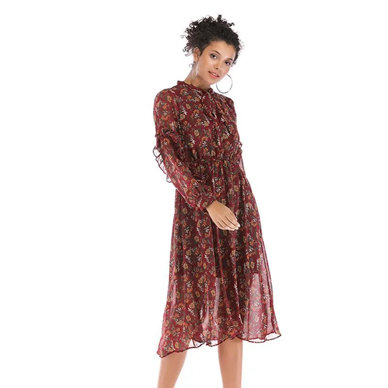 IKEARLAX  autumn  women's clothing fashion temperament small floral chiffon dress  medium and long long-sleeved pendulum skirt