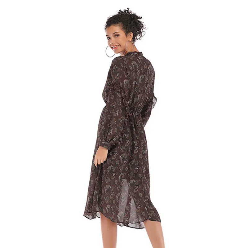 IKEARLAX  autumn  women's clothing fashion temperament small floral chiffon dress  medium and long long-sleeved pendulum skirt