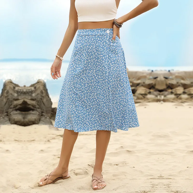IKEARLAX cross-border 2023 summer  blue medium and long  split A-shaped chiffon floral skirt women