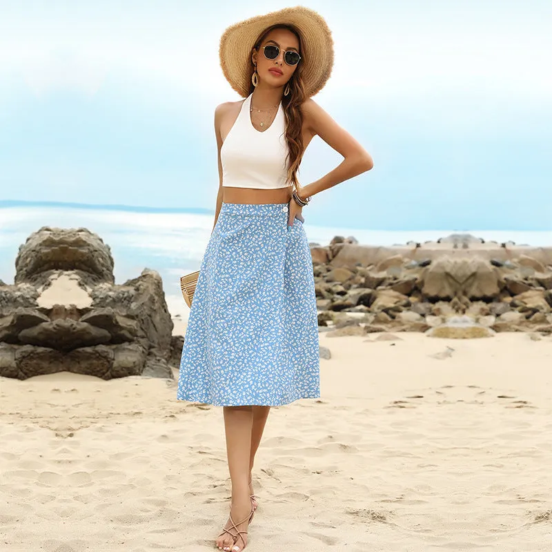 IKEARLAX cross-border 2023 summer  blue medium and long  split A-shaped chiffon floral skirt women