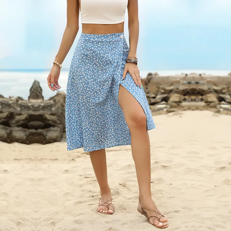 IKEARLAX cross-border 2023 summer  blue medium and long  split A-shaped chiffon floral skirt women