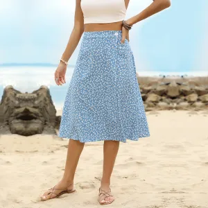 IKEARLAX cross-border 2023 summer  blue medium and long  split A-shaped chiffon floral skirt women