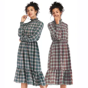 IKEARLAX cross-border autumn  women's clothing  trade turtleneck plaid chiffon dress long-sleeved ruffle edge plaid skirt