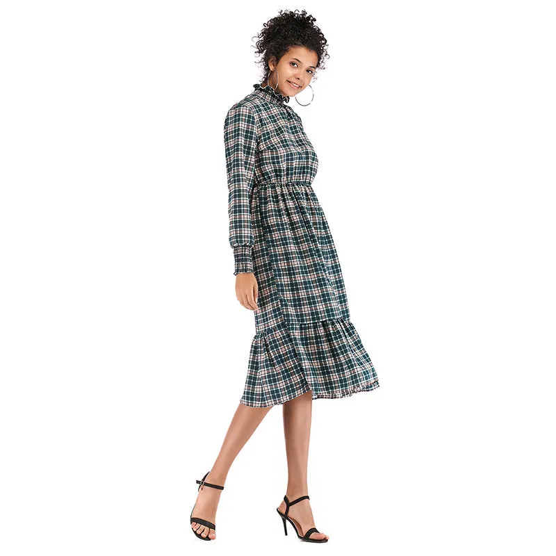 IKEARLAX cross-border autumn  women's clothing  trade turtleneck plaid chiffon dress long-sleeved ruffle edge plaid skirt