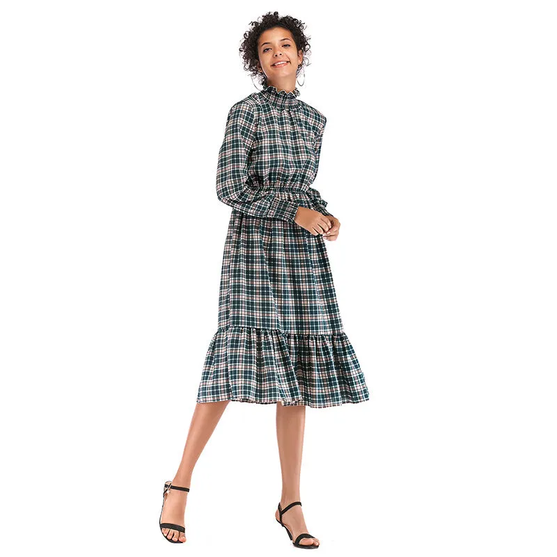IKEARLAX cross-border autumn  women's clothing  trade turtleneck plaid chiffon dress long-sleeved ruffle edge plaid skirt