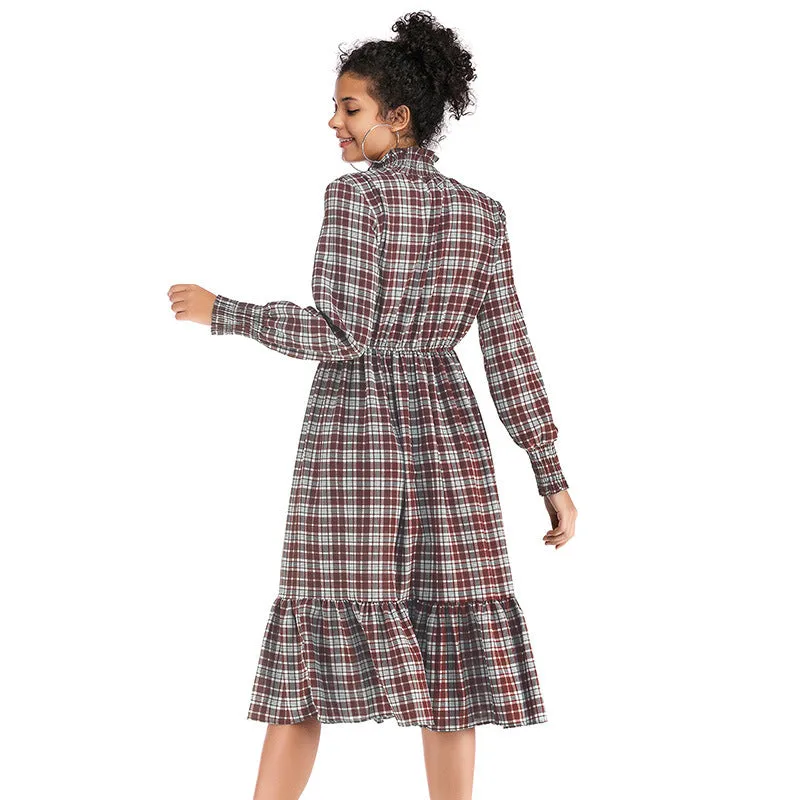 IKEARLAX cross-border autumn  women's clothing  trade turtleneck plaid chiffon dress long-sleeved ruffle edge plaid skirt