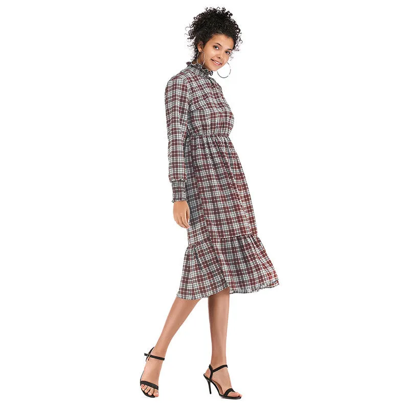 IKEARLAX cross-border autumn  women's clothing  trade turtleneck plaid chiffon dress long-sleeved ruffle edge plaid skirt