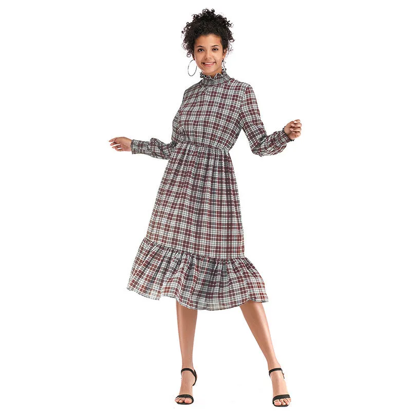 IKEARLAX cross-border autumn  women's clothing  trade turtleneck plaid chiffon dress long-sleeved ruffle edge plaid skirt