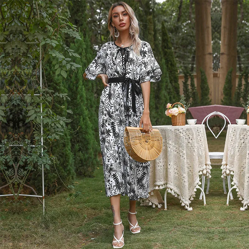 IKEARLAX cross-border chiffon short-sleeved casual long dress  bow strap waist  print dress