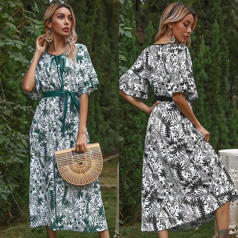 IKEARLAX cross-border chiffon short-sleeved casual long dress  bow strap waist  print dress