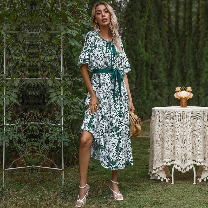 IKEARLAX cross-border chiffon short-sleeved casual long dress  bow strap waist  print dress