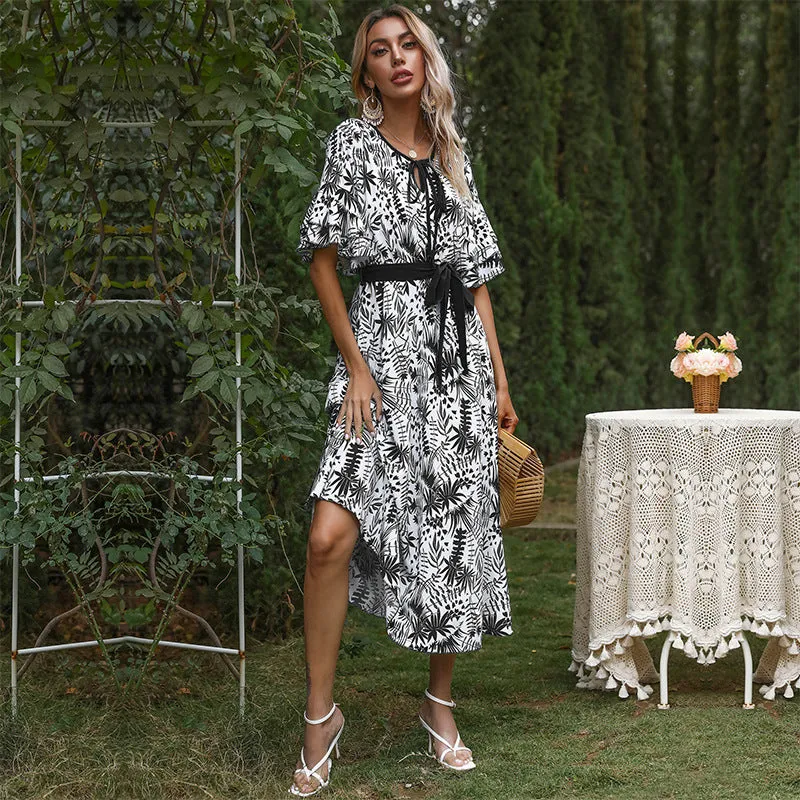 IKEARLAX cross-border chiffon short-sleeved casual long dress  bow strap waist  print dress