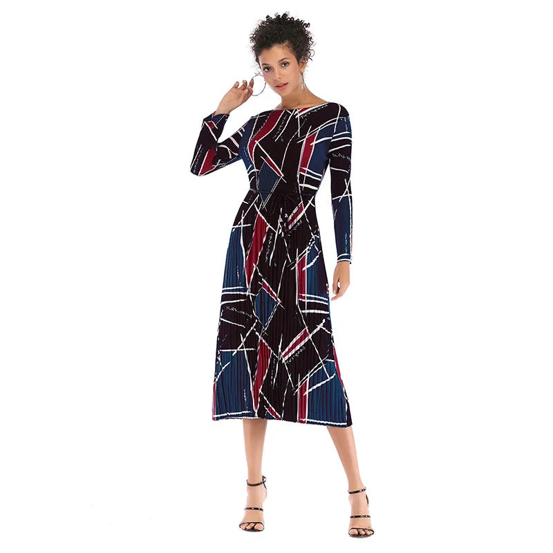 IKEARLAX cross-border   printed chiffon dress autumn women's long-sleeved pleated round neck contrasting color dress