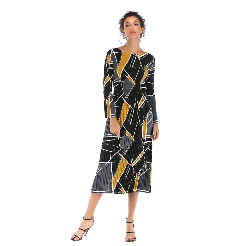 IKEARLAX cross-border   printed chiffon dress autumn women's long-sleeved pleated round neck contrasting color dress
