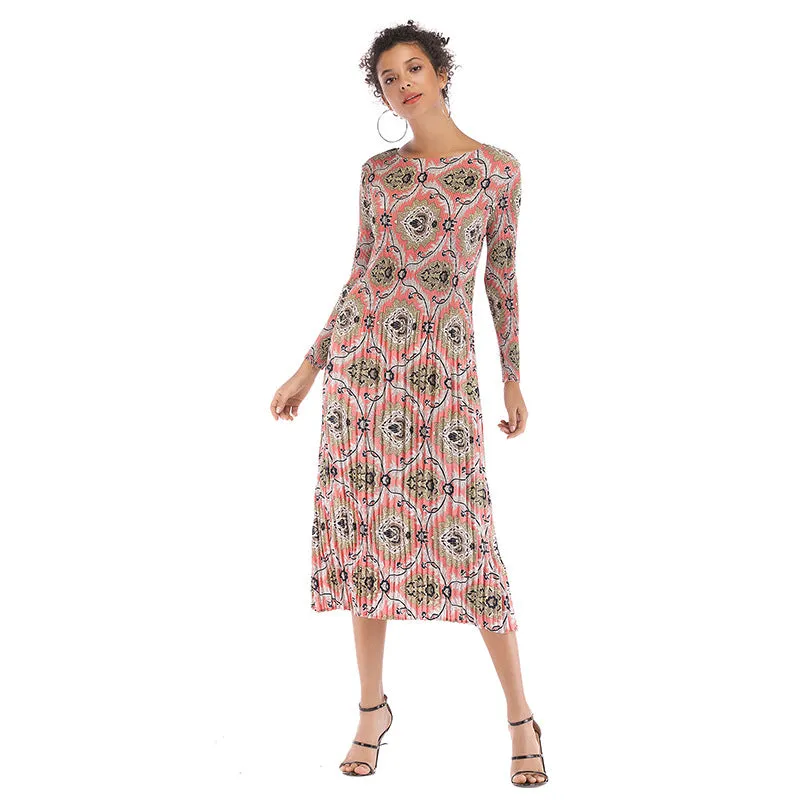 IKEARLAX cross-border   printed chiffon dress autumn women's long-sleeved pleated round neck contrasting color dress