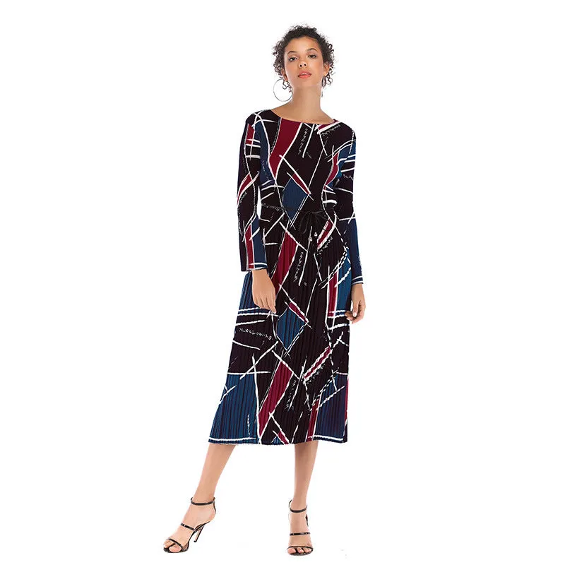 IKEARLAX cross-border   printed chiffon dress autumn women's long-sleeved pleated round neck contrasting color dress