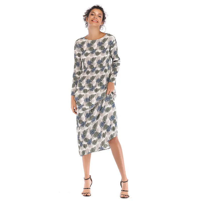 IKEARLAX cross-border   printed chiffon dress autumn women's long-sleeved pleated round neck contrasting color dress
