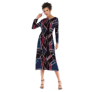 IKEARLAX cross-border   printed chiffon dress autumn women's long-sleeved pleated round neck contrasting color dress