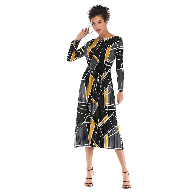 IKEARLAX cross-border   printed chiffon dress autumn women's long-sleeved pleated round neck contrasting color dress
