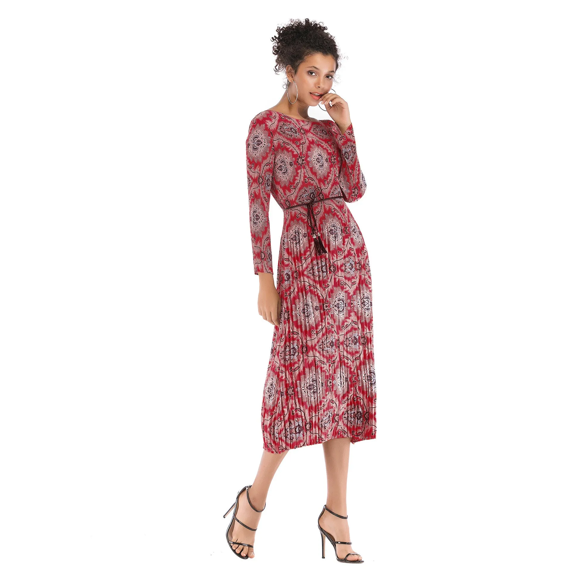 IKEARLAX cross-border   printed chiffon dress autumn women's long-sleeved pleated round neck contrasting color dress