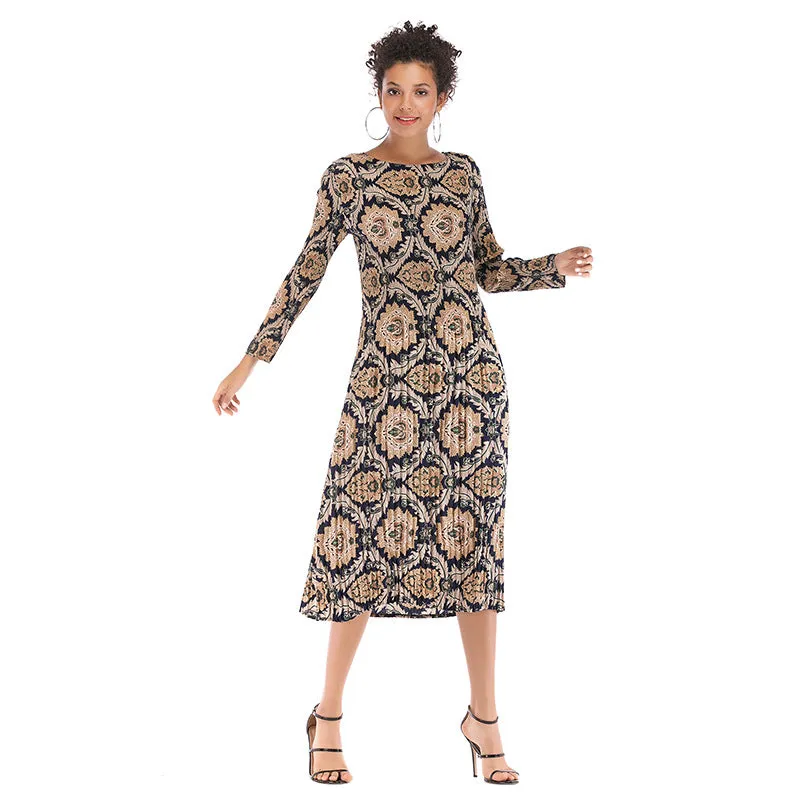 IKEARLAX cross-border   printed chiffon dress autumn women's long-sleeved pleated round neck contrasting color dress