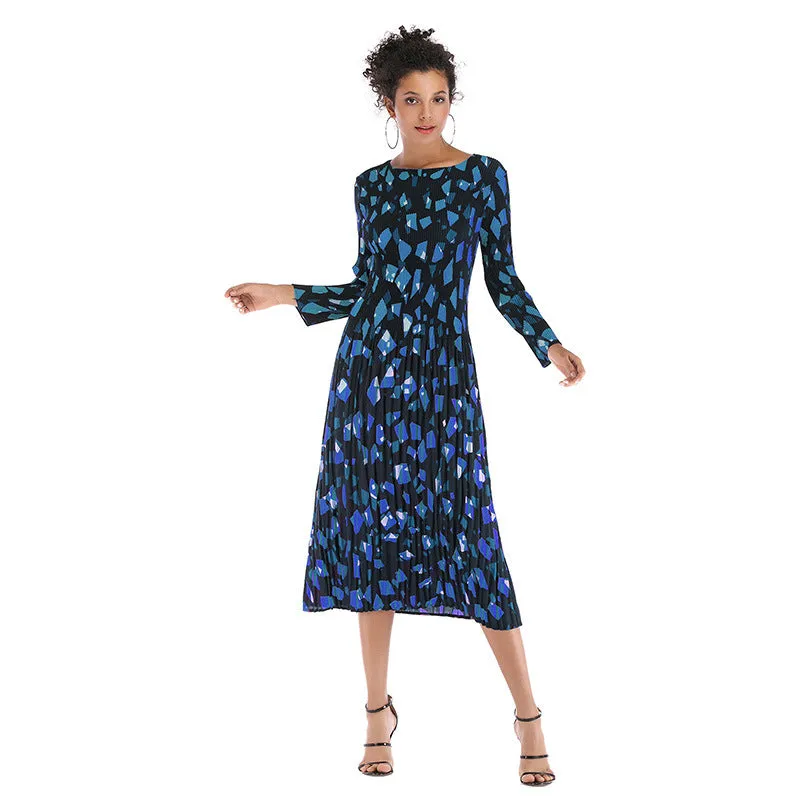 IKEARLAX cross-border   printed chiffon dress autumn women's long-sleeved pleated round neck contrasting color dress