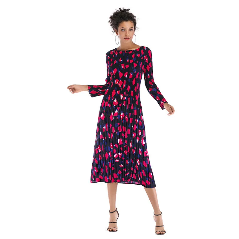 IKEARLAX cross-border   printed chiffon dress autumn women's long-sleeved pleated round neck contrasting color dress