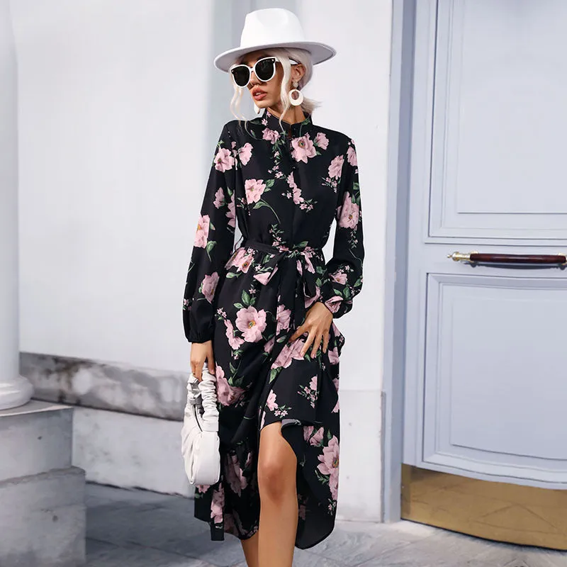 IKEARLAX cross-border  trade women's clothing spring and autumn  long dress  semi-turtleneck printed chiffon long-sleeved dress