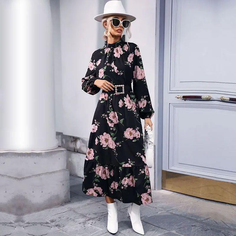 IKEARLAX cross-border  trade women's clothing spring and autumn  long dress  semi-turtleneck printed chiffon long-sleeved dress