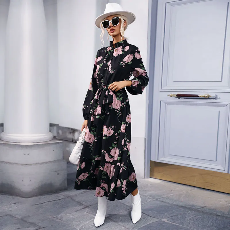 IKEARLAX cross-border  trade women's clothing spring and autumn  long dress  semi-turtleneck printed chiffon long-sleeved dress