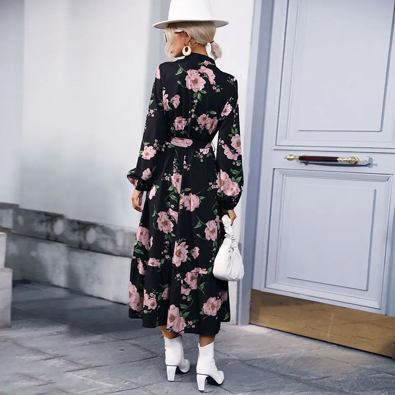 IKEARLAX cross-border  trade women's clothing spring and autumn  long dress  semi-turtleneck printed chiffon long-sleeved dress
