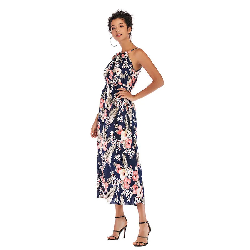 IKEARLAX cross-border women's printed chiffon dress,  summer sleeveless medium and long pendulum floral suspender skirt