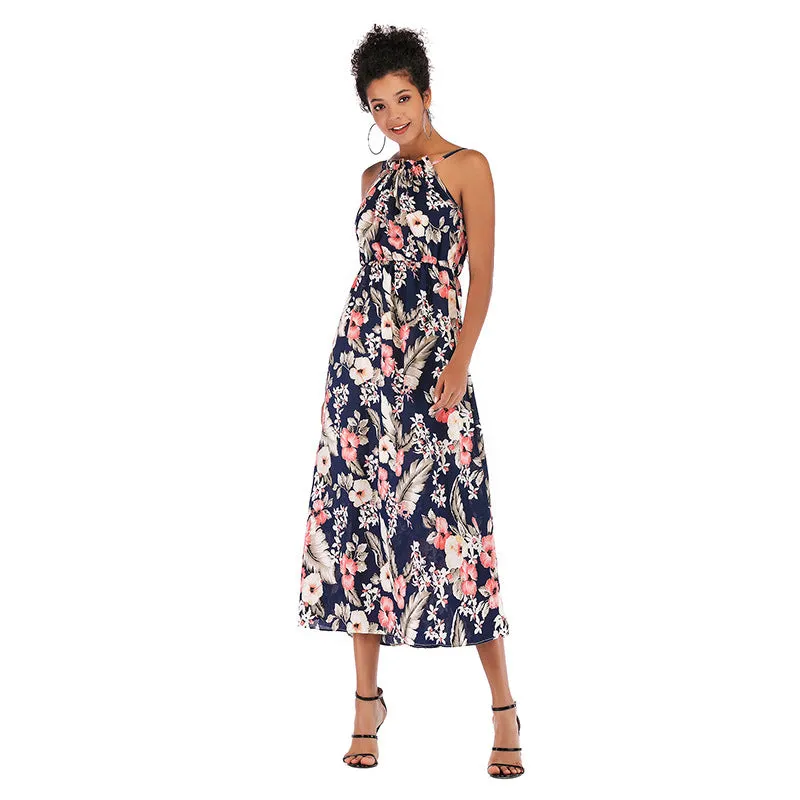 IKEARLAX cross-border women's printed chiffon dress,  summer sleeveless medium and long pendulum floral suspender skirt