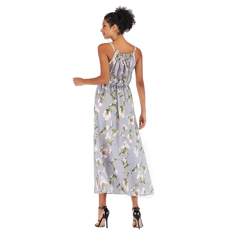 IKEARLAX cross-border women's printed chiffon dress,  summer sleeveless medium and long pendulum floral suspender skirt