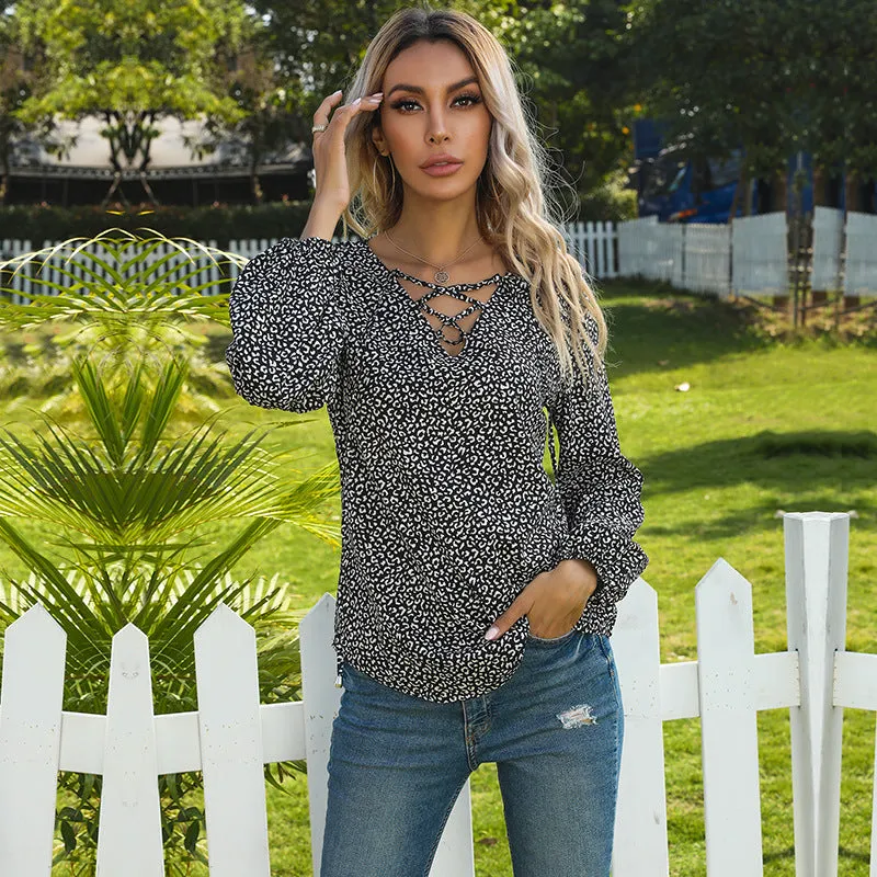 IKEARLAX New autumn new hot-selling women's clothing  cross-border commuting V-neck leopard print 2025 fashion strap chiffon shirt