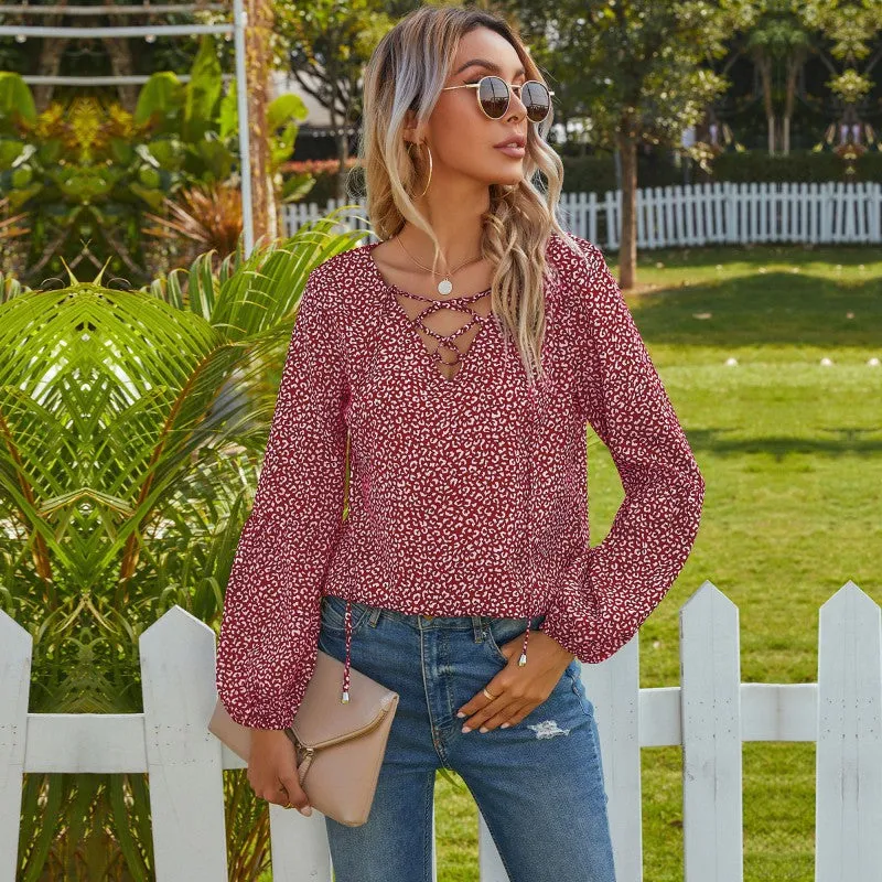 IKEARLAX New autumn new hot-selling women's clothing  cross-border commuting V-neck leopard print 2025 fashion strap chiffon shirt