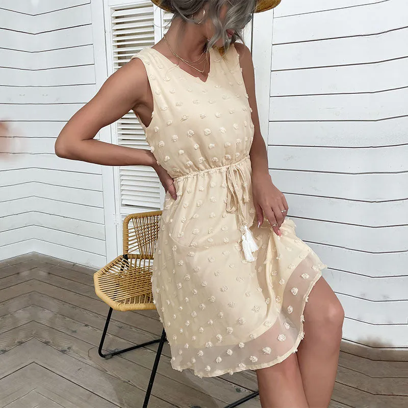 IKEARLAX summer  skirt ruffle edge chiffon jacquard sleeveless lace-up dress