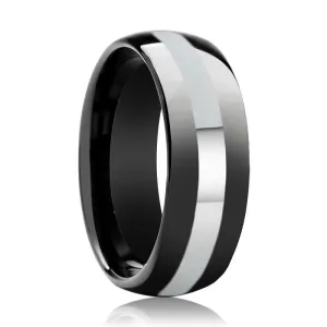 IRONCLAD | Black Tungsten Ring, Silver Stripe, Domed