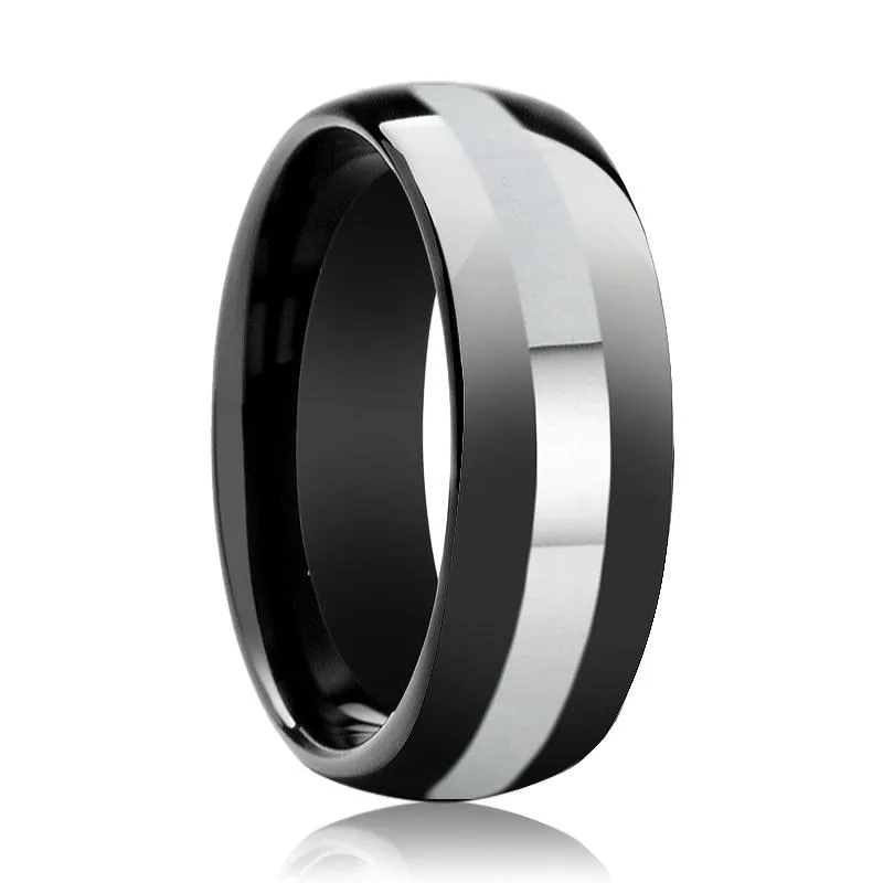 IRONCLAD | Black Tungsten Ring, Silver Stripe, Domed