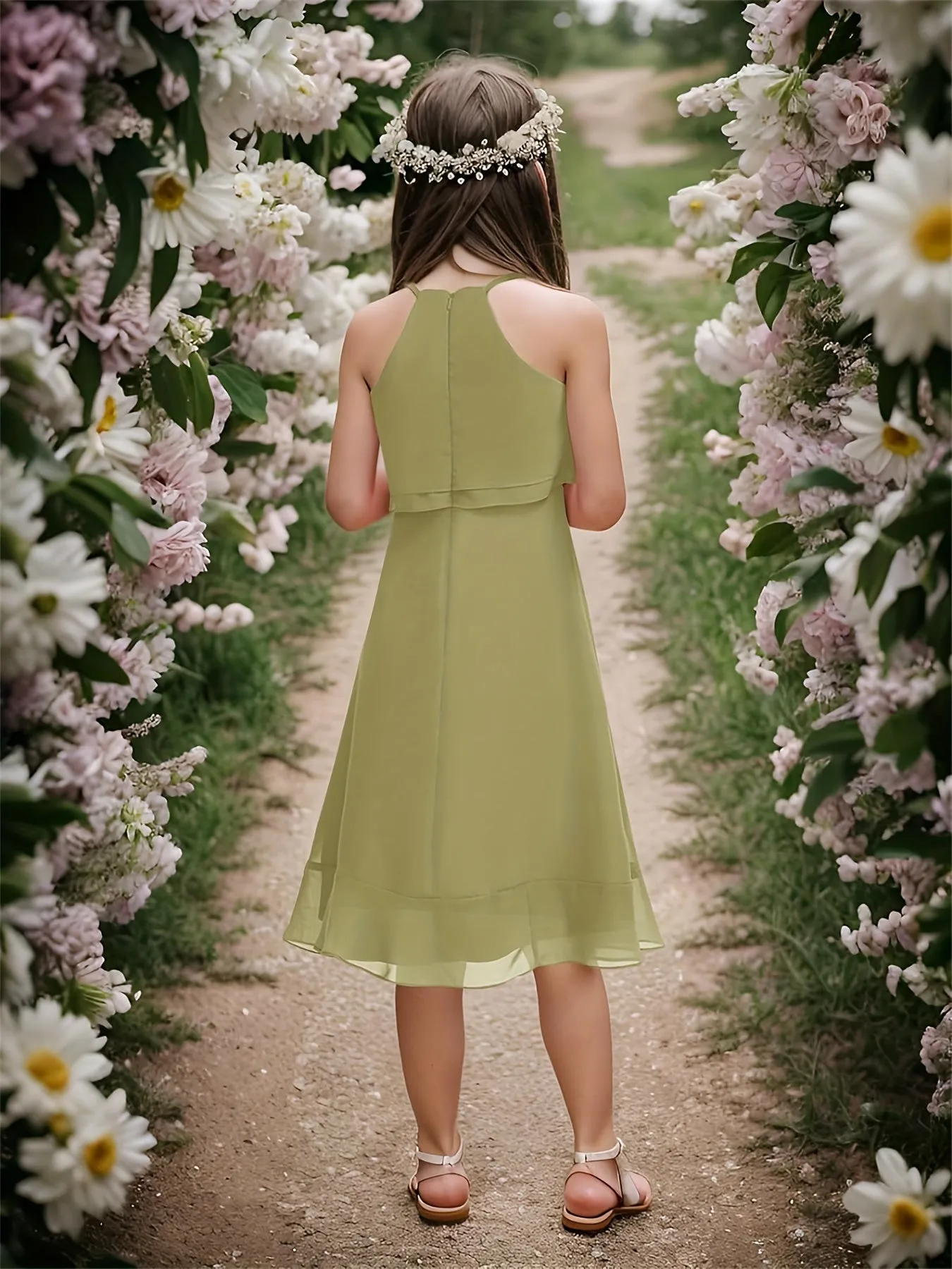 Kids A-Line Halter Neck Chiffon Junior Bridesmaid Dresses Fancy Girl Dress Wedding Elegant Party Gown
