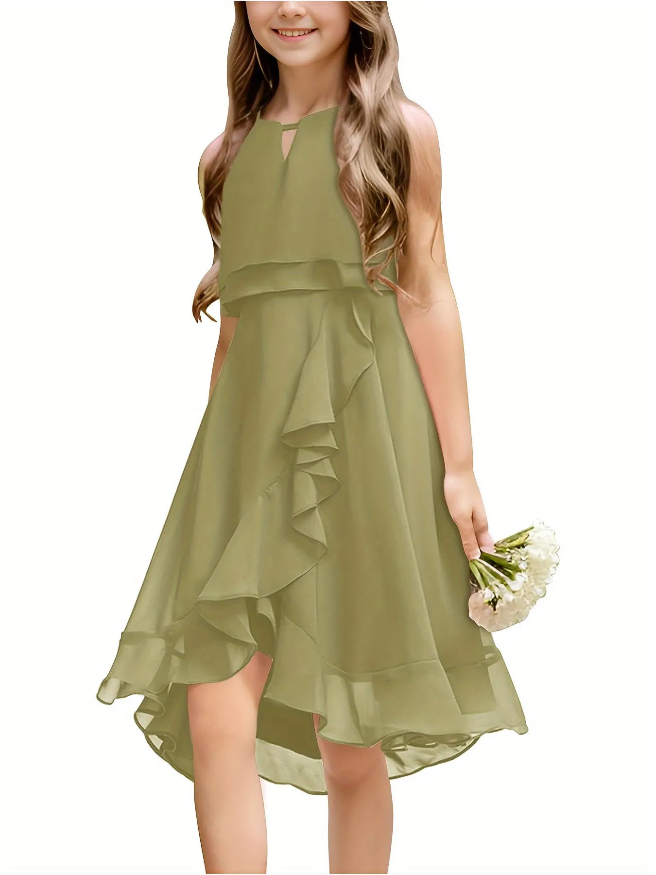 Kids A-Line Halter Neck Chiffon Junior Bridesmaid Dresses Fancy Girl Dress Wedding Elegant Party Gown