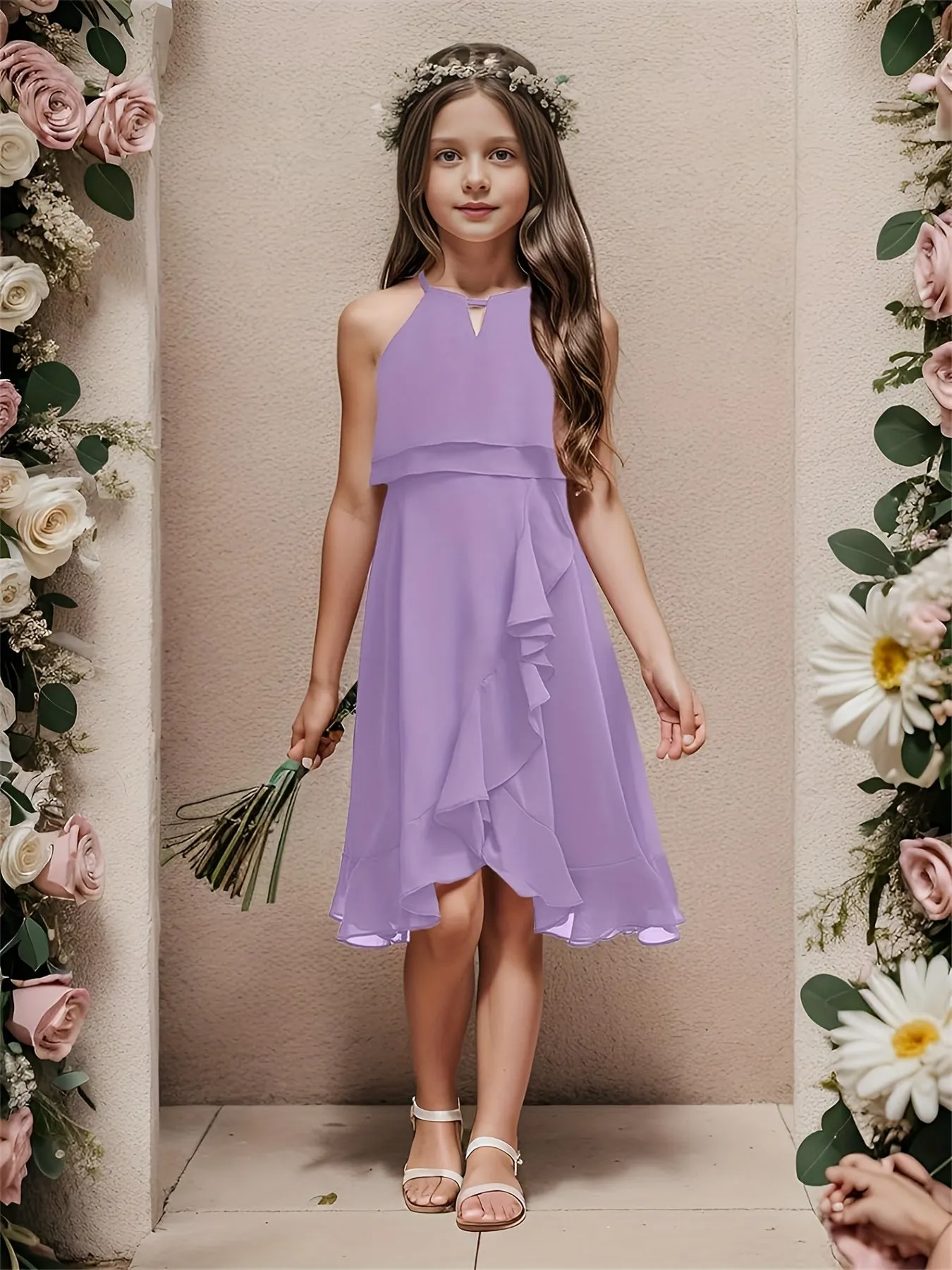 Kids A-Line Halter Neck Chiffon Junior Bridesmaid Dresses Fancy Girl Dress Wedding Elegant Party Gown