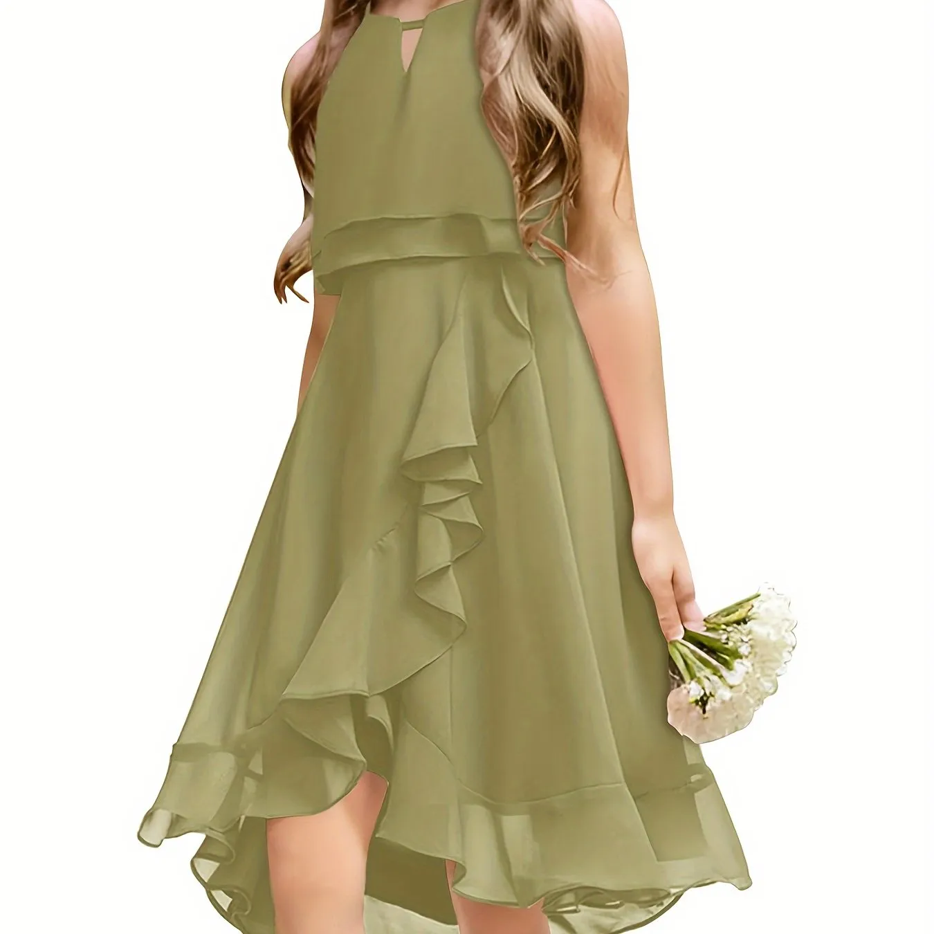 Kids A-Line Halter Neck Chiffon Junior Bridesmaid Dresses Fancy Girl Dress Wedding Elegant Party Gown