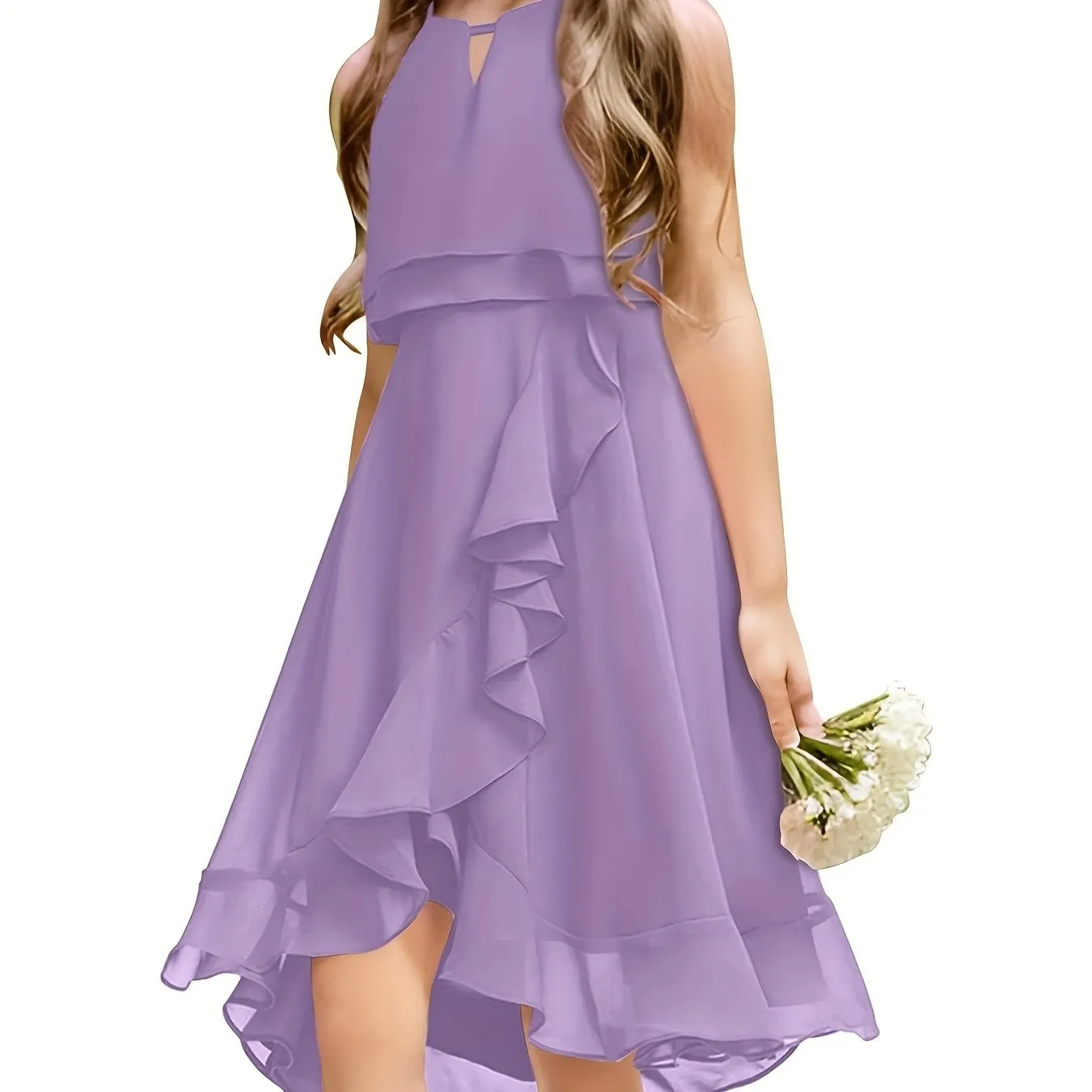 Kids A-Line Halter Neck Chiffon Junior Bridesmaid Dresses Fancy Girl Dress Wedding Elegant Party Gown