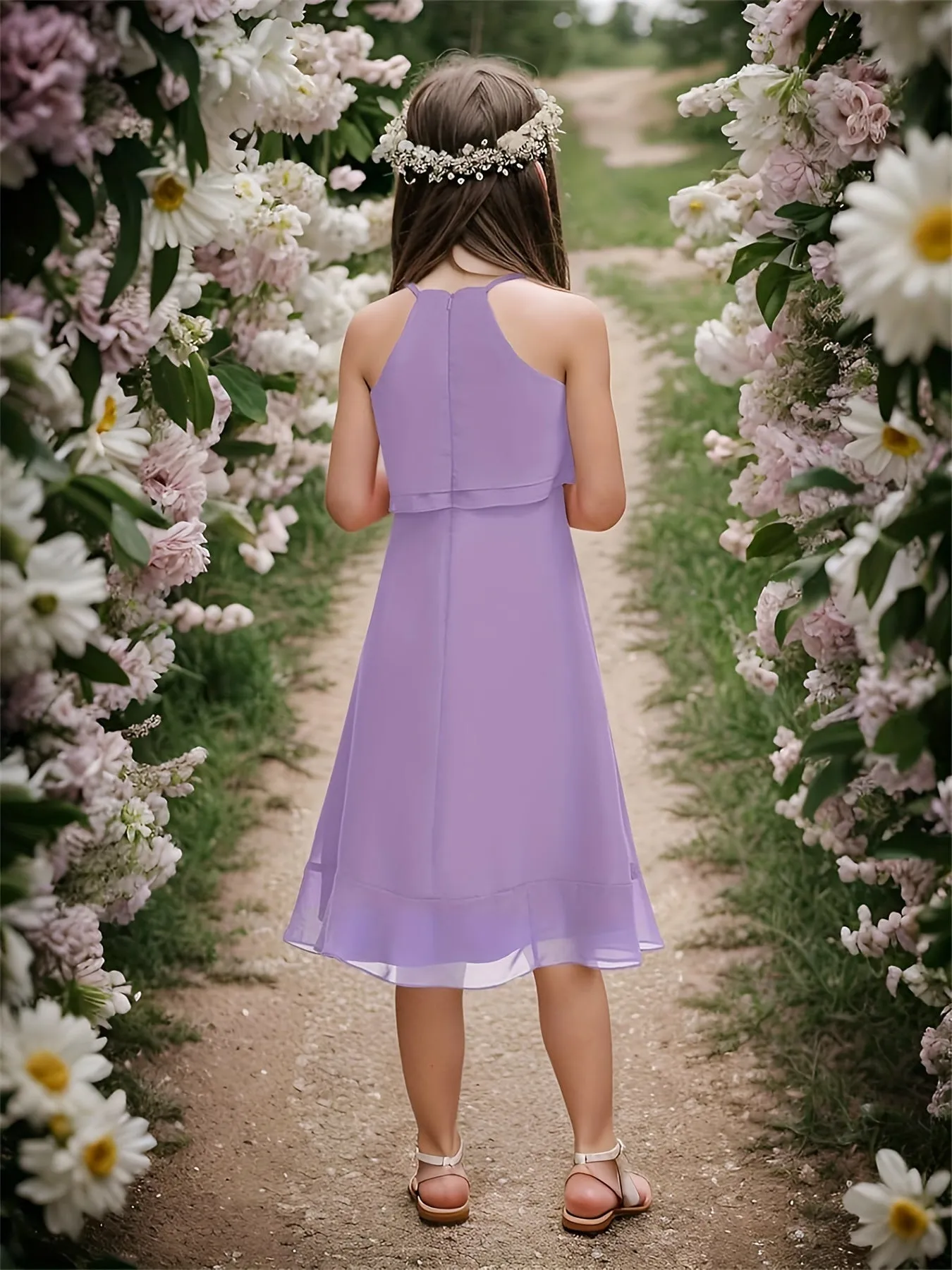 Kids A-Line Halter Neck Chiffon Junior Bridesmaid Dresses Fancy Girl Dress Wedding Elegant Party Gown
